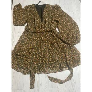 MINKPINK Floral Ruffle Mini Dress Women’s Large Black Yellow Boho NWT